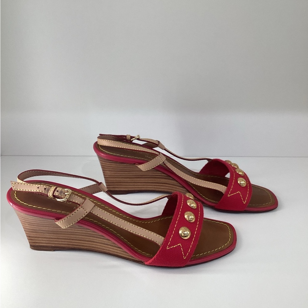 Louis Vuitton Red Wedge Sz 36.5 Heels Shoes Sandals